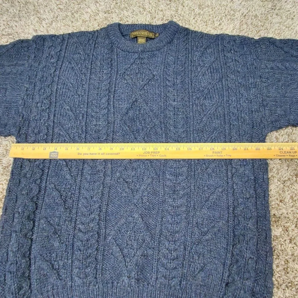 Inis Crafts Aran Knit Fisherman Cable Knit Sweater Mens Large Blue Wool Ireland